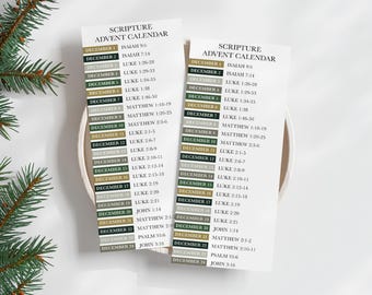 May include: Two printable Advent calendars with a green, brown, and white color scheme. Each calendar features a list of daily scripture readings for the month of December. The text includes the date, book, and chapter and verse.