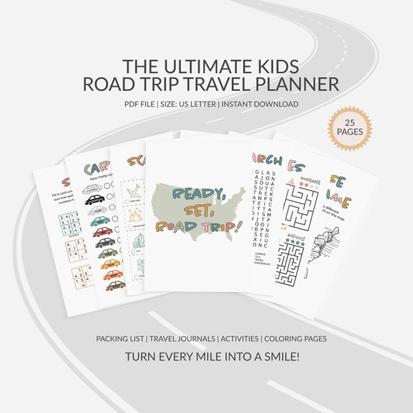 Ultimate Kids Road Trip Planner, Travel Journal, Car Activities, Coloring Pages, Packing Lists and More, US Letter, PDF, Digital Download