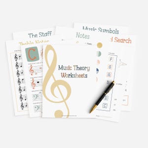 Hojas de trabajo de teoría musical para imprimir, hojas de práctica de teoría musical para principiantes, notas, silencios, valores, PDF de 25 páginas, tamaño carta de EE. UU., descarga digital