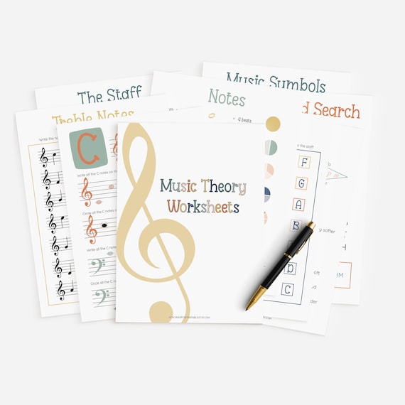 Beginner Music Theory Worksheets: 25-Page Practice Sheets for Notes on the Staff, Note and Rest Values, Symbols, Dynamics (Digital Download)