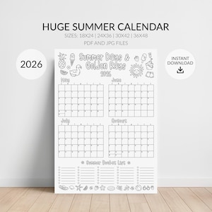 Calendario estivo da colorare 2026: planner di 4 mesi con possibilità di spuntare la lista dei desideri, maggio-agosto (download digitale, 4 formati grandi)