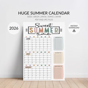 Large 2026 Summer Wall Calendar, Big Summer Planner Poster, Bucket List Checkoff for Each Month, Sizes 18x24, 24x36, 30x42, 36x48, Download