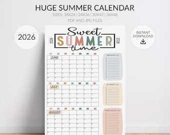 Large 2026 Summer Wall Calendar, Big Summer Planner Poster, Bucket List Checkoff for Each Month, Sizes 18x24, 24x36, 30x42, 36x48, Download