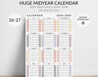 2026-2027 Mid-Year Wall Calendar: Large Monday or Sunday Start, 12 Month July-June Planner, Large Academic Calendar (Digital Download)