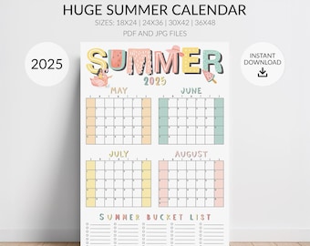 2025 Sommerkalender, Großer 4-Monatsplaner, Mai-Aug Kalender, Bucket List Checkoff, Größen 18x24, 24x36, 30x42, 36x48, Digitaler Download