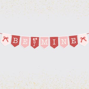 Banner imprimible de San Valentín "Be Mine", detalle de lazo de croqueta, decoración de guirnalda de San Valentín rosa y roja, tamaño carta de EE. UU., archivo PDF, descarga digital