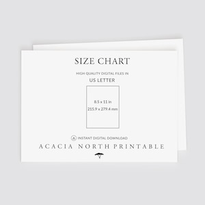 Puede incluir: Una tabla de tallas blanca con el texto "SIZE CHART" en la parte superior. La tabla incluye medidas de 21,6 x 27,9 cm. Tambi&eacute;n est&aacute; presente el texto "HIGH QUALITY DIGITAL FILES IN US LETTER". El logotipo de Acacia North Printable est&aacute; en la parte inferior.