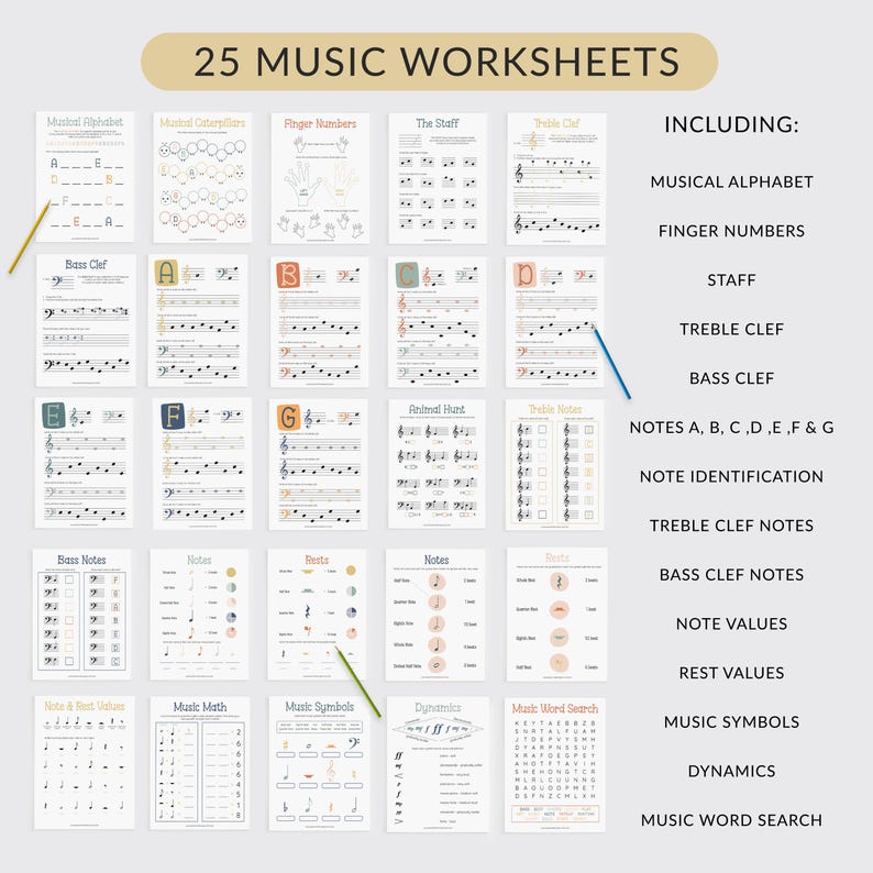 Op de afbeelding: Een set van 25 printbare muziekwerkbladen om muziektheorie te leren. De werkbladen omvatten onderwerpen zoals het muzikale alfabet, vingergetallen, de notenbalk, de vioolsleutel, de basssleutel, notenidentificatie, vioolsleutelnoten, basssleutelnoten, notenwaarden, rustwaarden, muzieksymbolen, dynamiek en muziekwoordzoektocht.