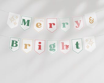 Merry & Bright Christmas Banner Printable: Colorful Christmas Garland Bunting, Christmas Holiday Decoration (PDF, Digital Download)