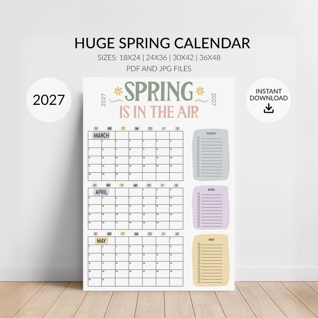 2027 Spring Calendar With Bucket List Checkoff: Colorful 3-month Planner for Kids & Families, March-may (digital Download, PDF, JPG) - Etsy