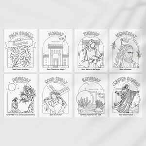 Op de afbeelding: Acht zwart-wit illustraties die sc&egrave;nes uit het Paasverhaal uitbeelden. Elke afbeelding bevat tekst die de dag van de week en een gerelateerde gebeurtenis aangeeft, zoals Palmzondag en Paaszondag. De illustraties zijn bedoeld om in te kleuren.