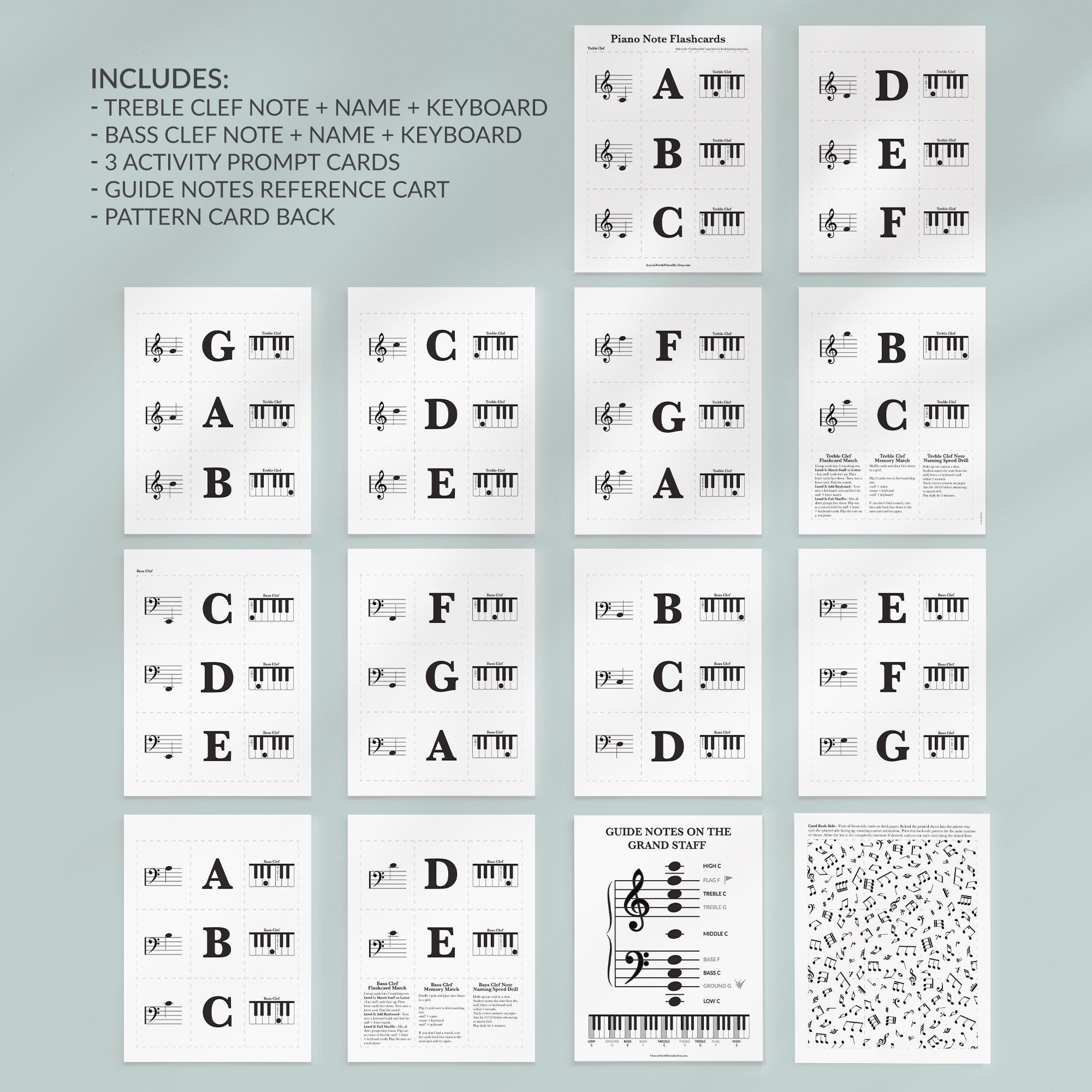 Piano Note Flashcards Printable: Music Theory Card Set, Treble Notes ...