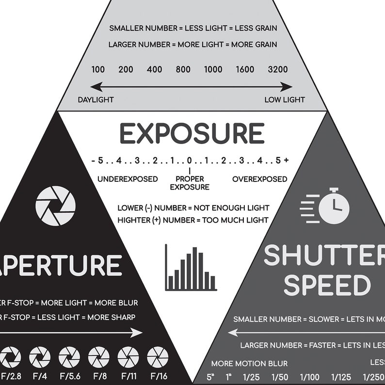 Puede incluir: Un diagrama que explica la relaci&oacute;n entre la apertura, la velocidad de obturaci&oacute;n y la exposici&oacute;n en fotograf&iacute;a. El diagrama es un tri&aacute;ngulo con tres puntos etiquetados como "Apertura", "Velocidad de obturaci&oacute;n" y "Exposici&oacute;n". Cada punto tiene una escala con n&uacute;meros y descripciones de c&oacute;mo cada ajuste afecta la imagen. El diagrama tambi&eacute;n incluye un icono de c&aacute;mara, un icono de reloj y un gr&aacute;fico de barras.