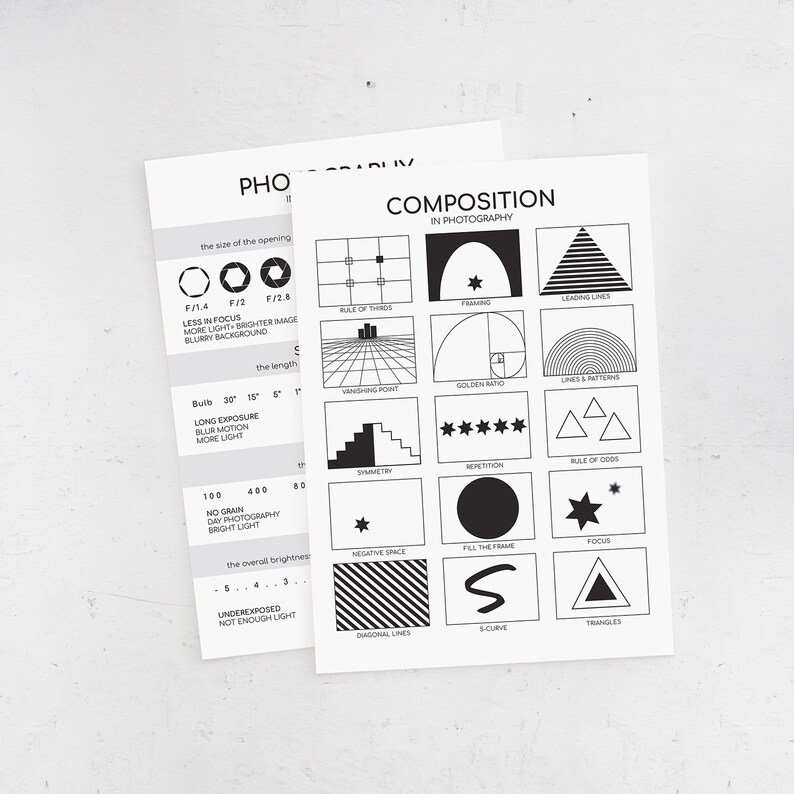 May include: Black and white printable photography guide with tips on composition, aperture, exposure, and more. The guide includes illustrations of common photography techniques, such as the rule of thirds, leading lines, and negative space.