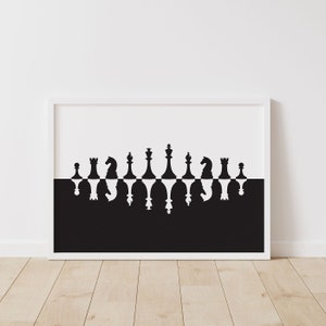 Chess Pieces Art Print, Horizontal Black and White Chess Print with Pawn, Rook, Knight, Bishop, Queen, and King Pieces, Game Room Wall Art