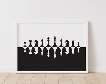 Chess Pieces Art Print, Horizontal Black and White Chess Print with Pawn, Rook, Knight, Bishop, Queen, and King Pieces, Game Room Wall Art