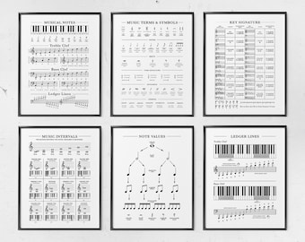 Music Theory Poster Bundle, Set of 6 Music Prints, Music Notes, Music Terms & Symbols, Key Signature, Intervals, Music Values, Ledger Lines