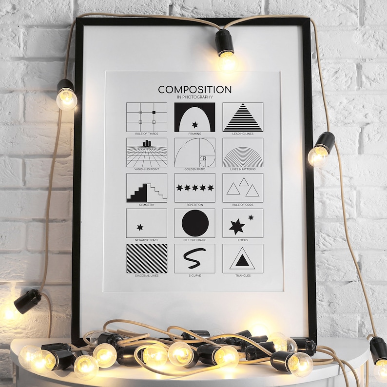 May include: A black and white printable poster with the title "Composition in Photography" and illustrations of different photography composition techniques, such as the rule of thirds, leading lines, golden ratio, and negative space. The poster is framed and hanging on a white brick wall with string lights in front of it.