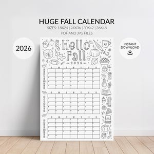 Fall 2026 Coloring Calendar Poster Printable: Large 3-Month Planner for Kids and Families, Sept Oct Nov  (Digital Download, PDF/JPG)