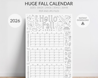 Calendario para colorear de otoño de 2026 (imprimible): Planificador grande de 3 meses para niños y familias (septiembre, octubre, noviembre) (Descarga digital, PDF/JPG)