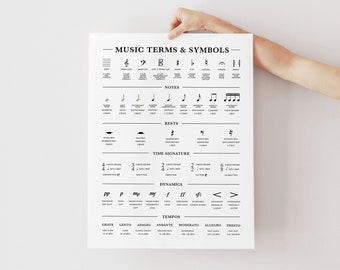 May include: A black and white printable poster with music terms and symbols. The poster includes notes, rests, time signatures, dynamics, and tempos.