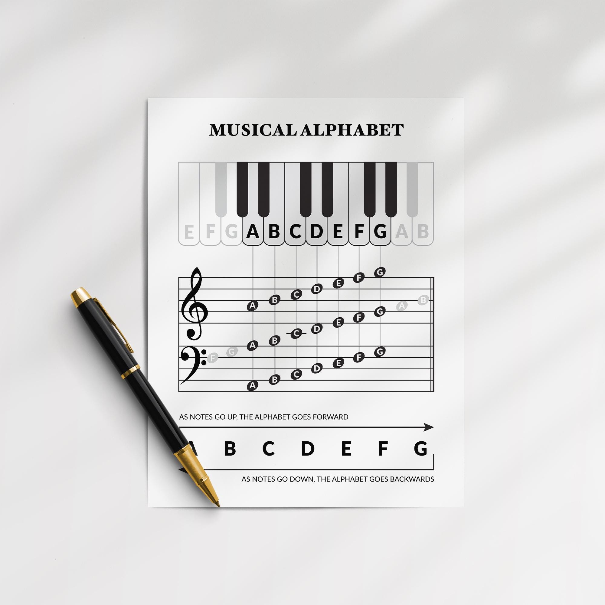Beginner Piano Notes Chart: Musical Alphabet ABCDEFG Guide, Music ...
