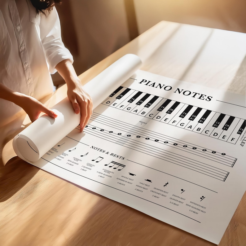 Beginner Piano Notes Poster: Notes, Rests, Keyboard, Treble Bass Clef ...