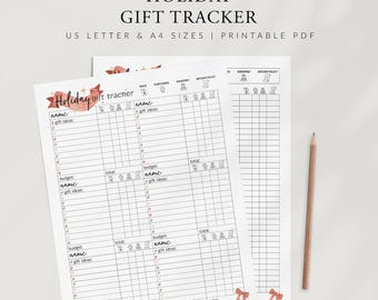 May include: A printable holiday gift tracker document in US Letter and A4 sizes. The white paper features black grid lines, columns for names, gift ideas, prices, and budget totals, with a red ribbon graphic and a wooden pencil beside it.