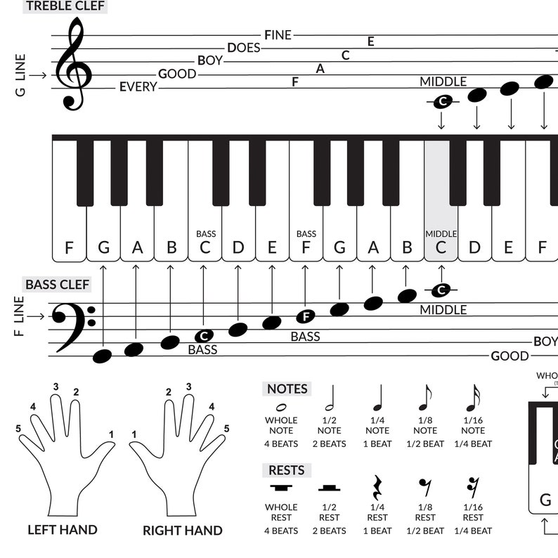 Piano Basics Poster: Beginner Piano Notes for Treble Clef, Bass Clef ...