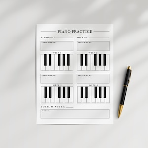 月間ピアノ練習表：月間生徒課題シートと練習時間トラッカー、ピアノ練習記録（デジタルダウンロード）