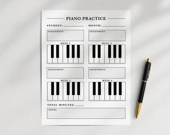Monthly Piano Practice Chart: Monthly Student Assignment Sheet and Practice Minutes Tracker, Piano Practice Log (Digital Download)