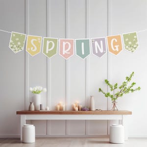Banner de primavera imprimible con detalles florales, guirnalda de primavera en tonos pastel, decoración primaveral DIY, tamaño carta de EE. UU., archivo PDF, descarga digital