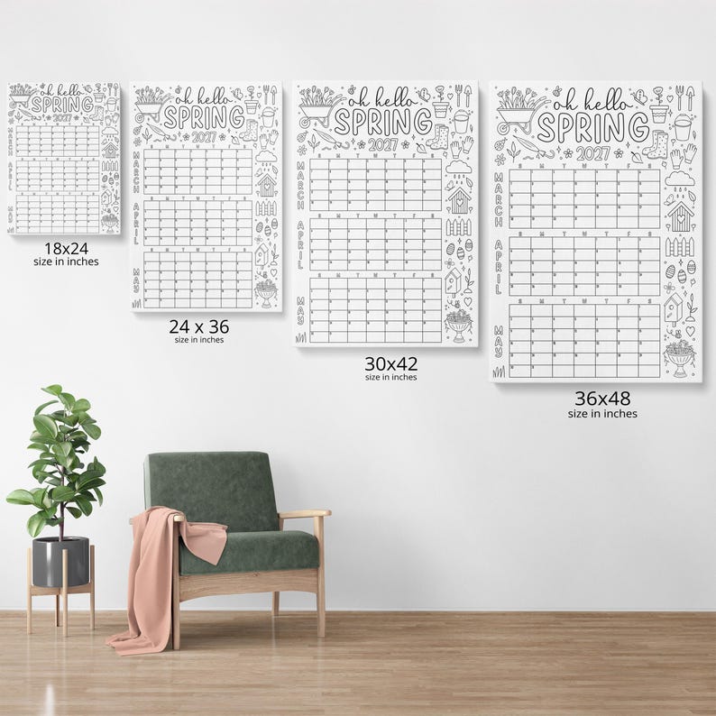 Spring Coloring Calendar Poster for 2027: Large 3-month Wall Planner ...