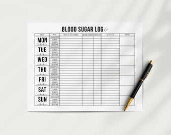 Registro semanal imprimible de glucosa en sangre, registro de glucosa, diario de alimentos, tabla de seguimiento de diabetes gestacional, control de la diabetes (descarga digital)