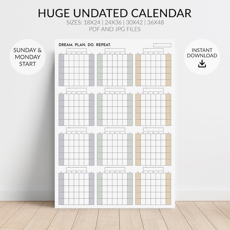 Extra Large Undated Wall Calendar, Sunday and Monday Start, Year at a ...