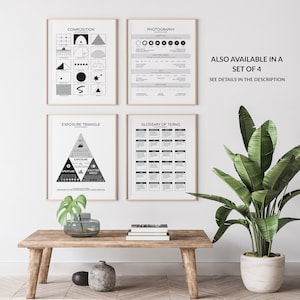 Puede incluir: Cuatro carteles imprimibles en blanco y negro con consejos y definiciones de fotograf&iacute;a. Los carteles est&aacute;n enmarcados y colgados en una pared blanca. Los carteles se titulan "Composici&oacute;n", "Fotograf&iacute;a", "Tri&aacute;ngulo de exposici&oacute;n" y "Glosario de t&eacute;rminos".