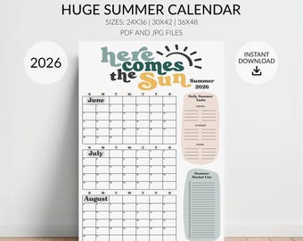 2026 Summer Calendar Poster: Printable 3-month Planner with Daily Tasks & Bucket List Checkoffs (24x36, 30x42, 36x48 in, Digital Download)