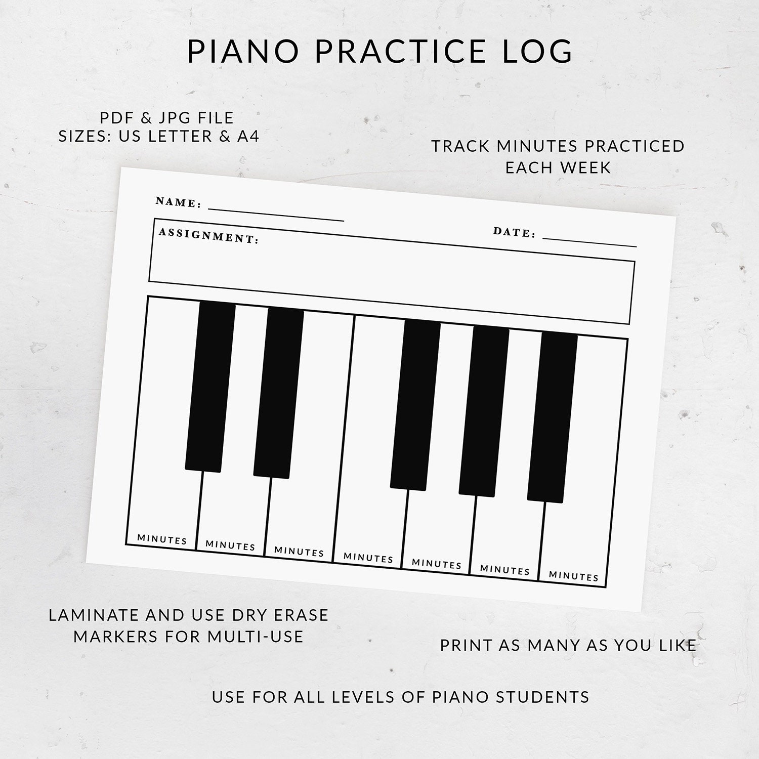 Weekly Piano Practice Chart Printable: Student Assignment Log ...