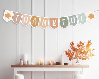 Printable Thanksgiving Banner: Colorful 'Thankful' Bunting (PDF, US Letter, Digital Download)