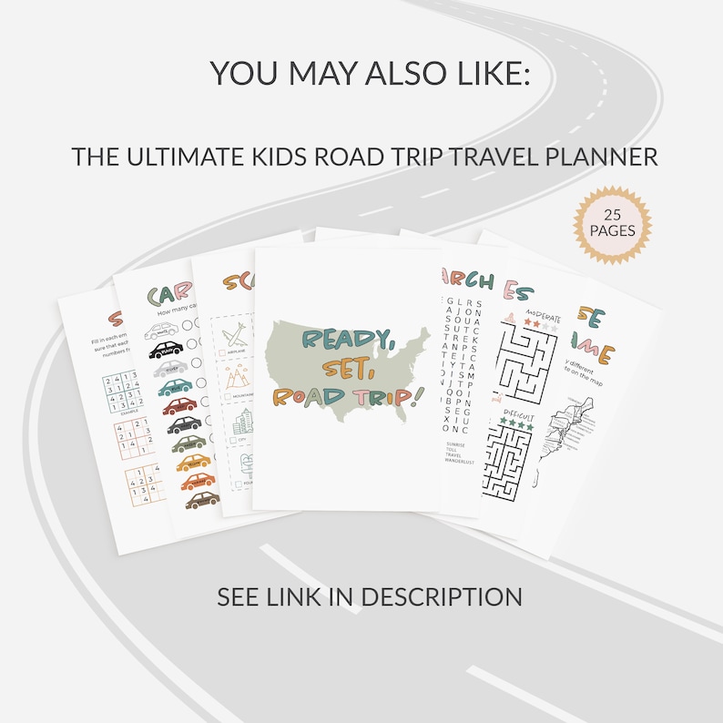 K&ouml;nnte beinhalten: Ein druckbares Roadtrip-Aktivit&auml;tspaket f&uuml;r Kinder mit 25 Seiten. Das Paket enth&auml;lt eine Auto-Z&auml;hl-Aktivit&auml;t, eine Karte der Vereinigten Staaten mit dem Text "Ready, Set, Road Trip!" und ein Wortsuchr&auml;tsel mit dem Wort "ARCHES".