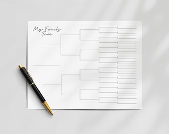 Afdrukbare blanco stamboomgrafiek: horizontale genealogiesjabloon, naamtracker familiegeschiedenis (US Letter, A4, pdf en JPG) digitale download