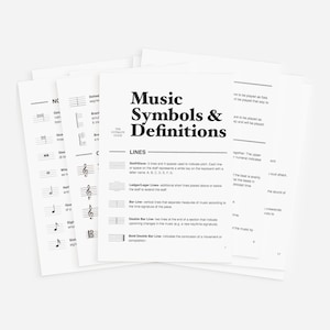 Musiksymbole und Definitionen, PDF zum Ausdrucken, Größe: US Letter und A4, Liste mit 128 Musiksymbolen und Bedeutungen, Musiksymbolliste erklärt