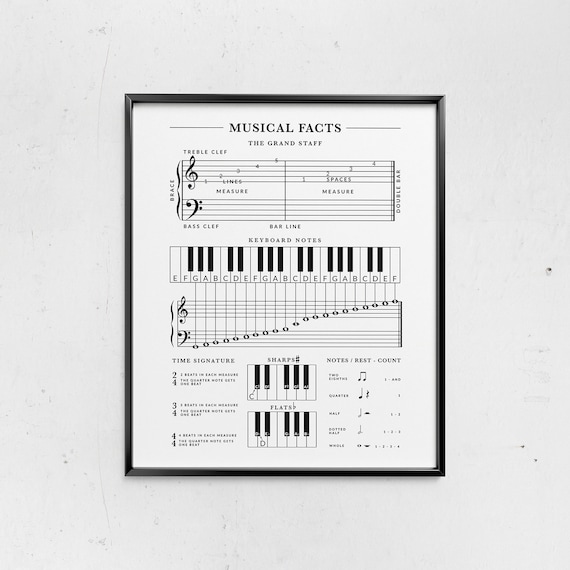 Beginner Music Theory Poster: Piano Notes Chart, Treble Clef, Bass Clef, & Keyboard, Piano Basics Cheat Sheet, Piano Wall Art (Download)