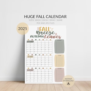 Large 2025 Fall Calendar, Big Wall Calendar, Months Sept-Nov, Monthly Checkoff, Sizes 18x24 24x36, 30x42, 36x48, PDF & JPG, Digital Download
