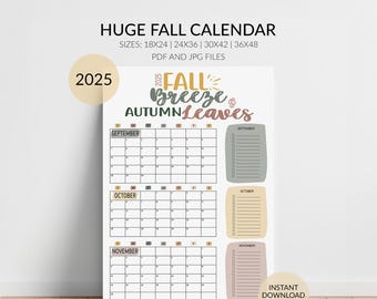 2025 Herbstkalender, großer Wandkalender, Monate Sept-Nov, monatliche Überprüfung, Größen 18x24, 24x36, 30x42, 36x48, PDF & JPG, digitaler Download