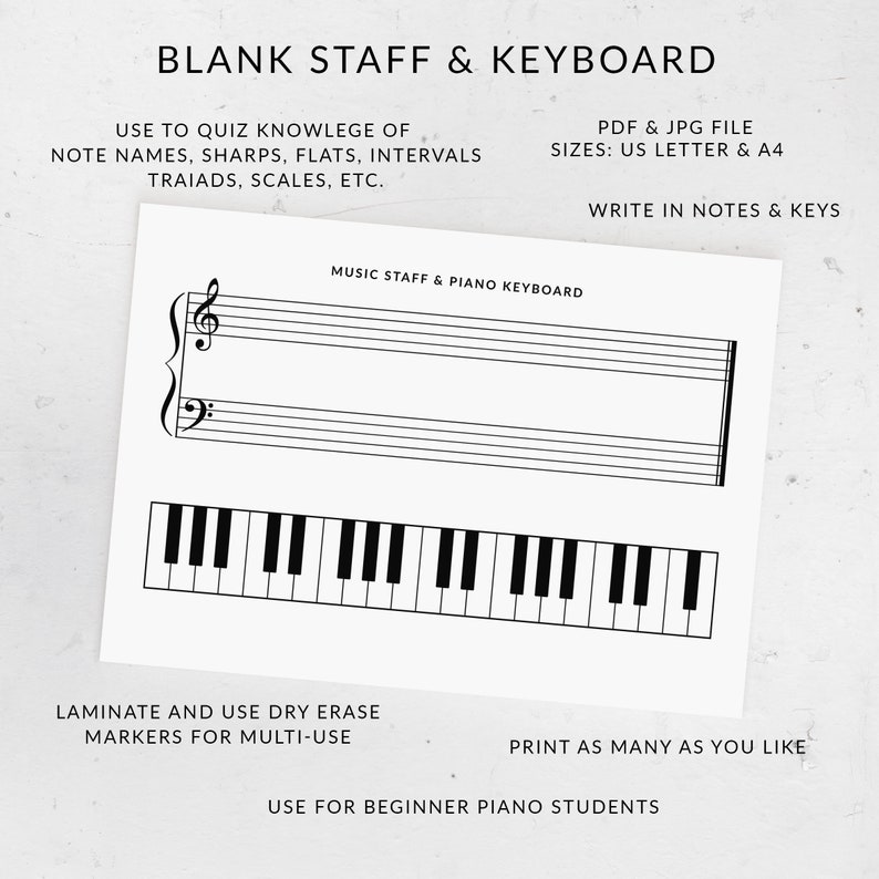 Printable Piano Practice Sheet: Blank Grand Staff With Keyboard, Treble ...