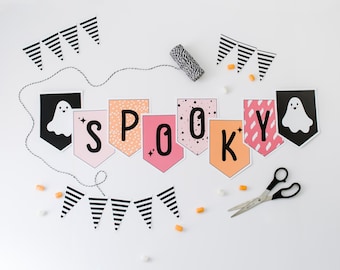 Printable Halloween Banner: Spooky Halloween Garland, Cute Ghost Pink & Orange Halloween Party Decor (PDF Download)