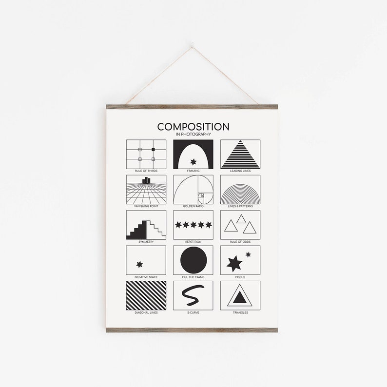 May include: A black and white printable poster with the title "Composition in Photography" and illustrations of different photography composition techniques, including the rule of thirds, framing, leading lines, vanishing point, golden ratio, lines and patterns, symmetry, repetition, rule of odds, negative space, fill the frame, focus, diagonal lines, s-curve, and triangles.