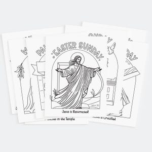 Op de afbeelding: Een stapel witte kleurplaten met religieuze illustraties. E&eacute;n pagina toont de tekst "EASTER SUNDAY" boven een afbeelding van Jezus. Andere pagina's tonen gerelateerde sc&egrave;nes en tekst, waaronder "Jesus is Resurrected!"