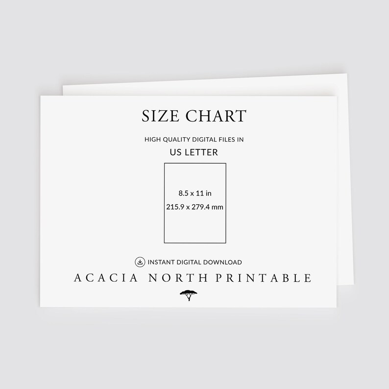K&ouml;nnte beinhalten: Gr&ouml;&szlig;entabelle f&uuml;r druckbare digitale Dateien im US-Letter-Format, 8,5 x 11 Zoll oder 215,9 x 279,4 Millimeter. Sofortiger digitaler Download von Acacia North Printable.
